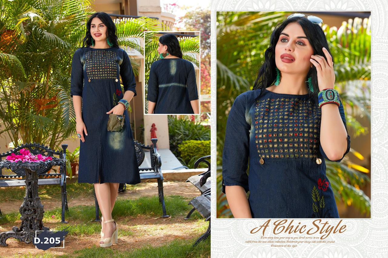 Trendy Destiny Blue Fancy Casual Wear Heavy denim cotton Designer Kurtis Collection
